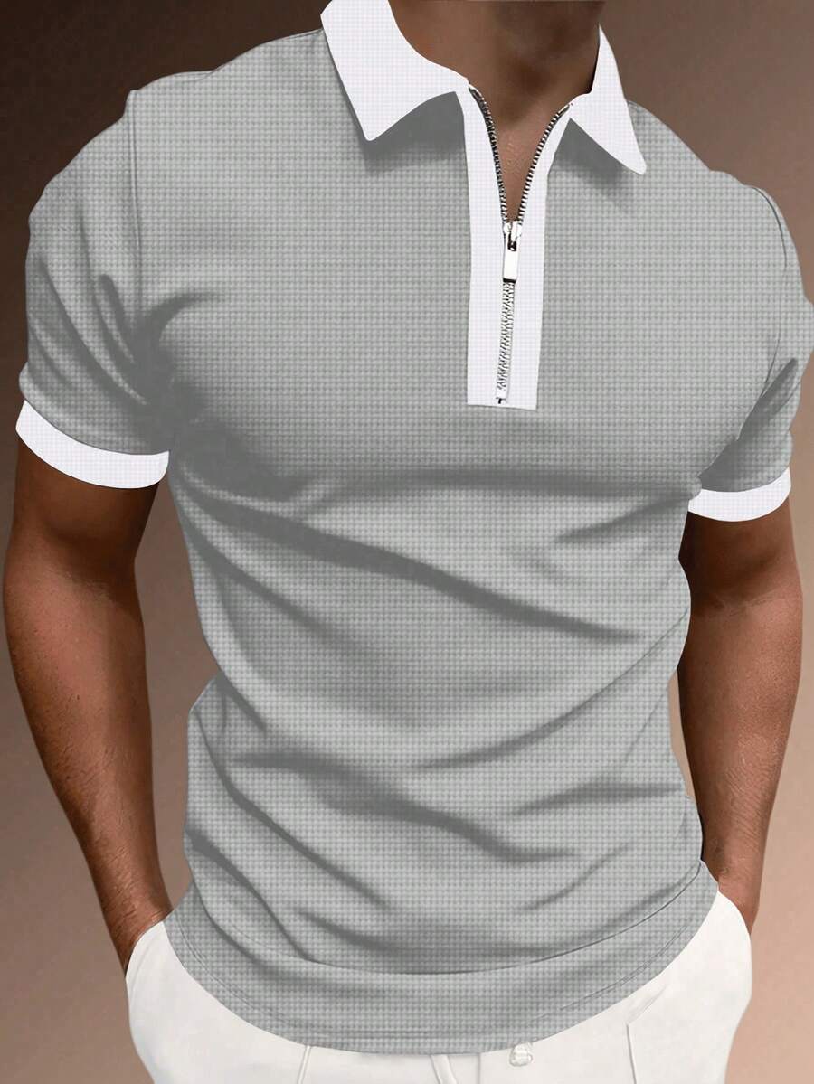 Manfinity Homme 男士夏季休閒拼色拼接 Polo 衫 - 灰色 - 查看 1
