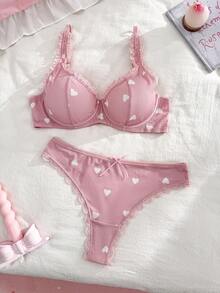 PetitDoll French Sweet Heart Print Lace Patchwork Underwire Bralette & Panty Set - Pink - View 1