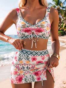 EMERY ROSE Spring/Summer New Floral Bohemian Style Floral Print Two Pieces Bikini Set For Vacation - Multicolor - View 1