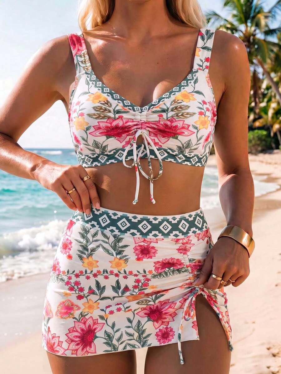 EMERY ROSE Spring/Summer New Floral Bohemian Style Floral Print Two Pieces Bikini Set For Vacation - Multicolor - View 1