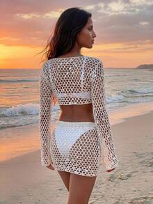 SHEIN Women's Hollow Out Sequin Design Long Sleeve Sweater And Knit Skirt 2 Pieces Set,Mesh Sequin Beach Two Pieces Set - Apricot - View 2