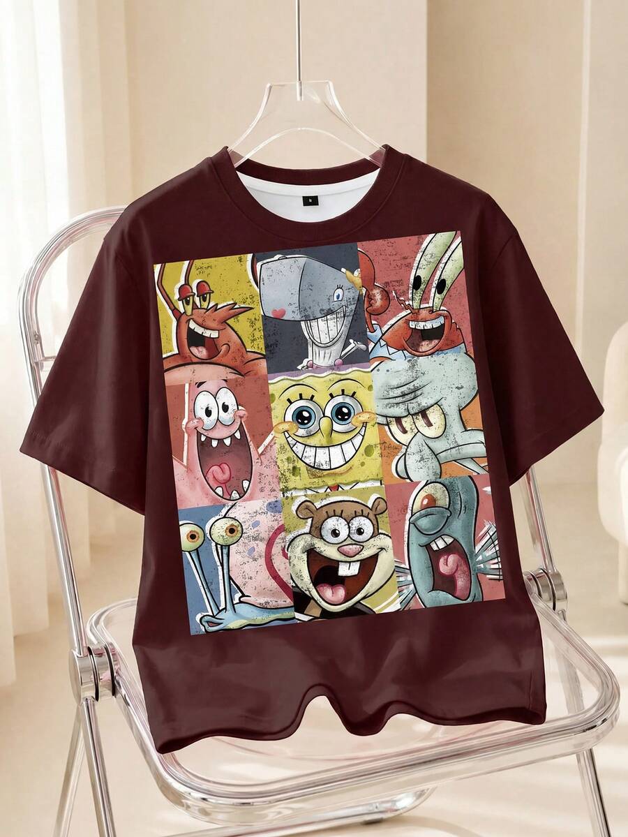 SpongeBob SquarePants | SHEIN 女款夏季休閒卡通印花T恤 - 白色 - 查看 1