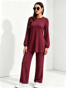 SHEIN With My Calm Arab Full Coverage Sports Wear 2 Pieces Loose Active Set - Burgundy - View 5