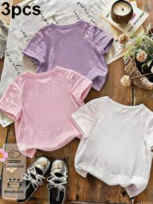 Set de 3 camisetas de niña con estampado de dibujo animado de capibara, de cuello redondo y manga corta para el verano - Rosa Pálido - Ver 2