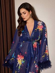 Slumberist Graffiti Oil Painting Floral Feather Patchwork Plus Size Robe, Sheer Mesh Long Beach Night Cover-Up Navy Blue Summer - Navy Blue - View 6