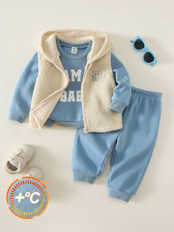 SHEIN Unisex Baby Boy/Girl, 3pcs Autumn/Winter Thermal Lined Thickened Casual Cute Jacket Set, Parent-Child Slogan Sweatshirt Set And Plush Hooded Vest Jacket, Baby Winter Clothes, Baby Outfits