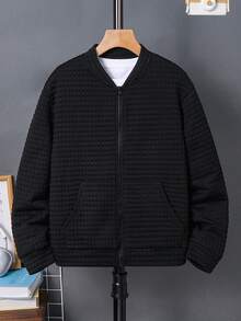 SHEIN 兒童青少年男孩休閒百搭紋理小格紋黑色棒球夾克外套，適合通勤、上學、日常休閒外出、運動，適合秋冬穿著 - 黑色 - 查看 6