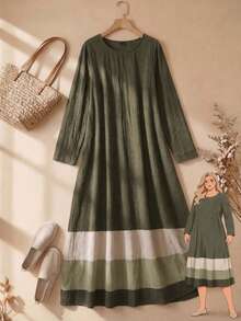 Rusticease Plus Size Minimalist Soft Feminine Traditional Business Casual Textured Army Green Colorblock Long Sleeve Round Neck Dress Brunch Vacation Fall - Army Green - View 1