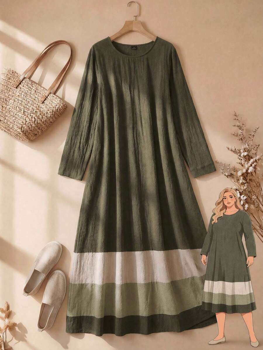 Rusticease Plus Size Minimalist Soft Feminine Traditional Business Casual Textured Army Green Colorblock Long Sleeve Round Neck Dress Brunch Vacation Fall - Army Green - View 1