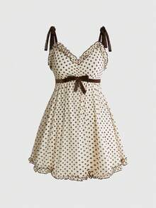 ROMWE Kawaii Gaun Retro Polkadot Y2K Manis Model A-Line dengan Tali Bahu Tipis untuk Ukuran Plus - Aprikot - View 1