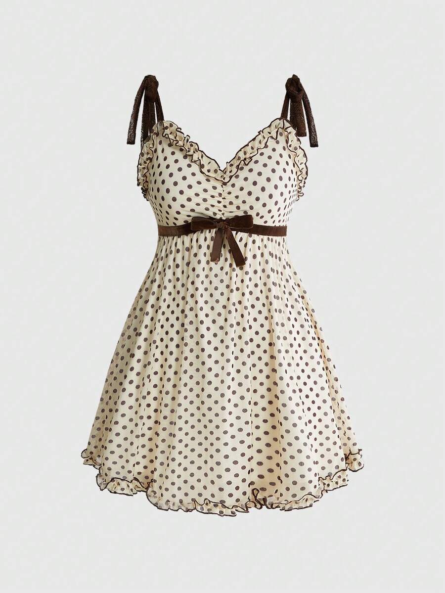 ROMWE Kawaii Gaun Retro Polkadot Y2K Manis Model A-Line dengan Tali Bahu Tipis untuk Ukuran Plus - Aprikot - View 1