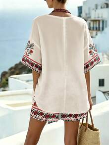 Breezaya Plus Size Boho Floral Print V Neck Batwing Short Sleeve Top & Elastic Waist Shorts 2 Pieces Outfit Set Women Lightweight Summer Daily Going Out Casual - Multicolor - View 2