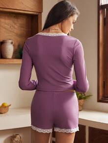 Lullawish Women's Contrast Lace Single-Breasted Top And Shorts Pajama Set - Purple - View 2