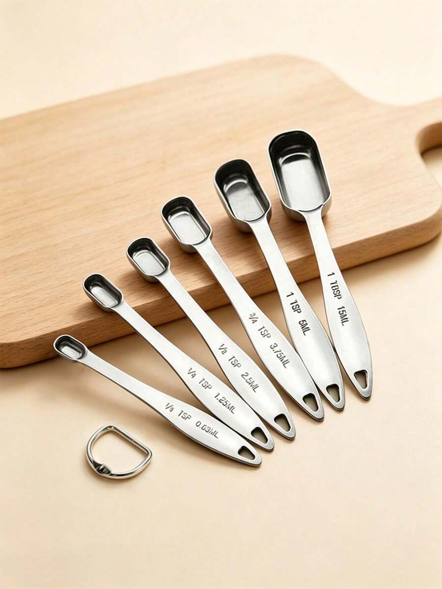 Madebyblanc 6 PIEZAS Juego de cucharas medidoras, Juego de herramientas de medición de cocina de acero inoxidable de alta calidad, para cocinar y hornear, para secos o líquidos, caben en frascos de especias - Plateado - Ver 1