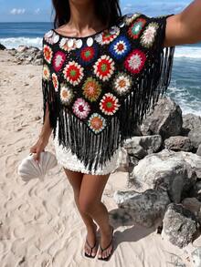 SHEIN Holidaya Women's Vacation Crochet Off-Shoulder Tassel Hem Knit Top (Random Flower Block Color) Beach Black Floral Summer Breezy Sexy - Black - View 6