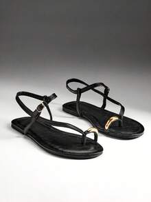 Denimoi Women Comfortable Round-Toe Flat Sandal With Thin-Strap And Toe Ring For Daily Wear & Vacation Mother's Day Present For Christmas Valentine's Day Summer Shoes - Black - View 3