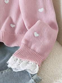 SHEIN 少女休閒蕾絲飾領愛心圖案秋冬毛衣 - 粉色 - 查看 3