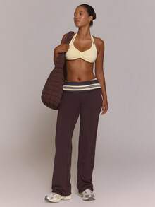Musera Sport Butter Yellow Contrast Stripe Thick Foldover Waist Wide Leg Yoga Leggings Pants - Coffee Brown - View 1