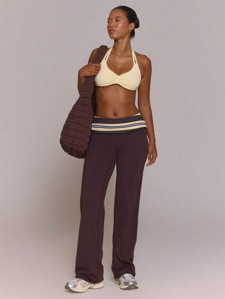 Musera Sport Butter Yellow Contrast Stripe Thick Foldover Waist Wide Leg Yoga Leggings Pants - Coffee Brown - View 1