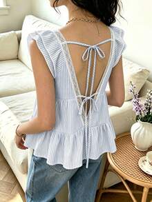 Cévolie Women's Summer Square Neck Lace Patchwork Backless Tie Double Layer Sleeve Blue And White Stripe Crinkled Fabric Blouse Country French Romantic Brunch - Multicolor - View 2