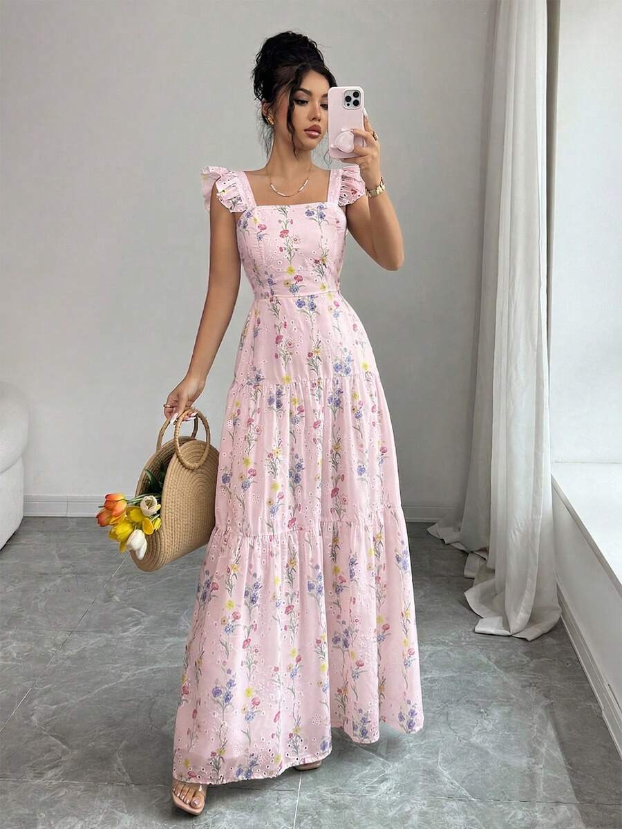 SHEIN Elenzya 女士碎花褶皱腰身连衣裙,适合通勤、外出、野餐、情人节约会、水疗度假村、海滩派对、旅行休闲等场合。 - 淺粉色 - 查看 1