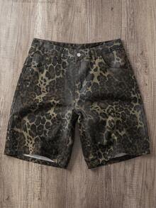 Manfinity Roghcode Plus Size Men's Street Fashion Casual Camouflage Leopard Print Distressed Denim Shorts - Multicolor - View 1