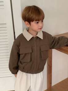 Dazy Kids Young Boy Contrast Color Zipper Casual Versatile Daily Wear Winter Padded Coat Fall - Brown - View 3
