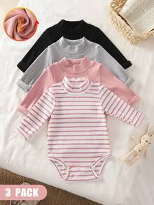 SHEIN Vintaside Kids 嬰兒幼兒秋冬半高領內搭套裝，寶寶內著/外著長袖黑色、粉色、灰色、條紋內衣與上衣4件套，柔軟親膚四季百搭款 - 彩色 - 查看 1