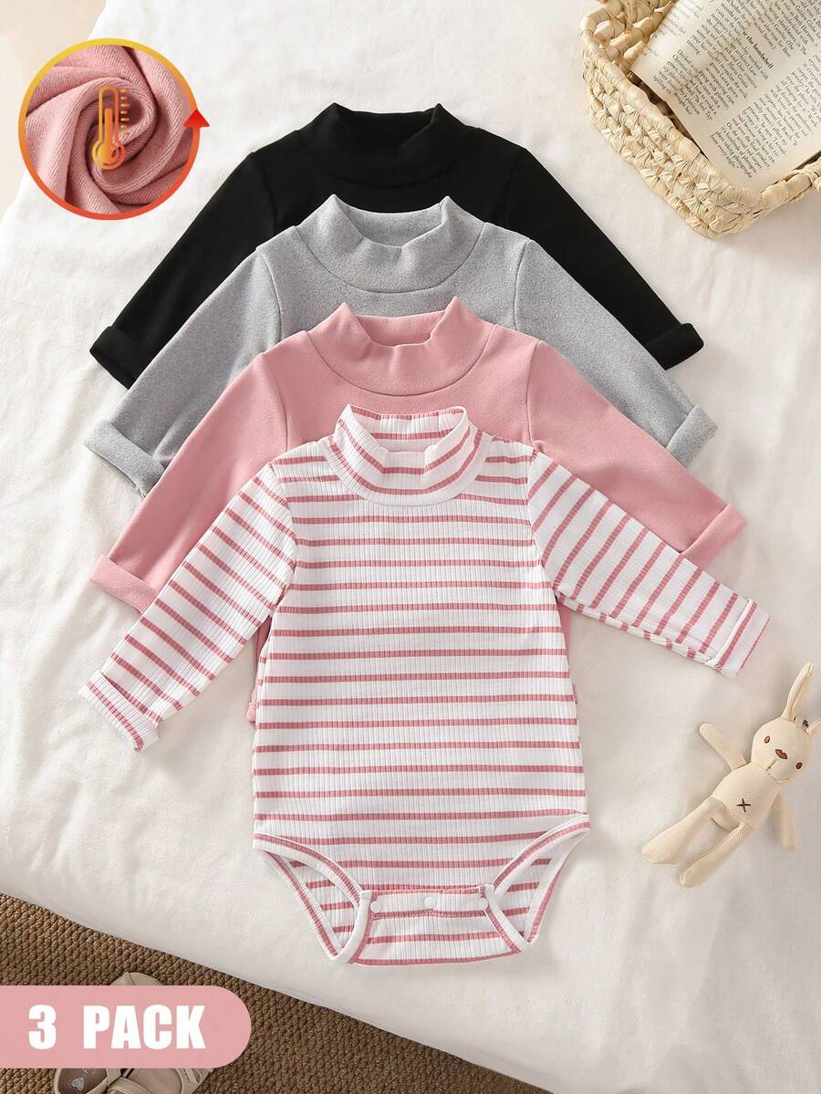 SHEIN Vintaside Kids 嬰兒幼兒秋冬半高領內搭套裝,寶寶內著/外著長袖黑色、粉色、灰色、條紋內衣與上衣4件套,柔軟親膚四季百搭款 - 彩色 - 查看 1