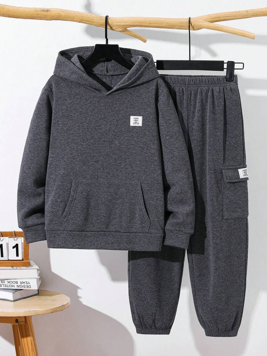 SHEIN 青少年男孩休閒圖案連帽衫與長褲2件套,適合通勤、上學、日常休閒穿著、外出、運動,秋冬款 - 灰色 - 查看 1