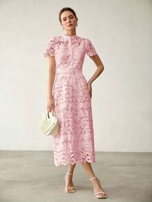 MOTF PREMIUM WOMEN'S ELEGANT FASHION EMBROIDERED HOLLOW WAIST BELT DRESS - Pink - View 4