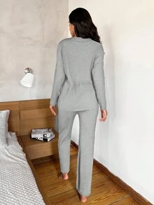 EURMUSE Set homewear con slogan tejido de canalé - Gris - Ver 2