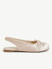 CUCCOO CHICEST Sepatu Balet Wanita Satin Berkerut dengan Pita, Ujung Terpisah, Ujung Bulat, Elegan, Warna Beige, Sepatu Kasual Sehari-hari - Aprikot - View 5