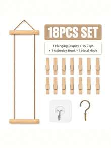 18Pcs Wall Mounted Photo Display Hanging Set Including 1 Rack 15 Clips 1 Self Adhesive Hook 1 Metal Hook Natural Wood Clips Jute Rope Minimalist Scandinavian Style No Drill Space Saving For Bedroom Dorm Studio Entryway Desk Party Decor - multicolor - View 6