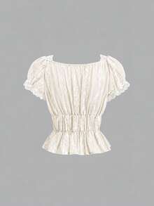 Sweetra Women's Button Lace Trim Bow Top - Apricot - View 2