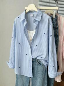 Tween Girls' Casual Cute Blue And White Stripe Print With Small Bows All-Over Pattern Long Sleeve Shirt For Travel School Autumn - Blue - View 1