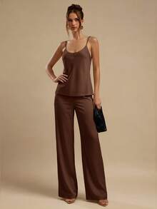 SHEIN BAE Summer Solid Coffee Brown Camisole Top Satin Long Pants Women's Two Pieces Set, Elegant Outfit, Vacation, Wedding Guest Attire Fall - Coffee Brown - View 5