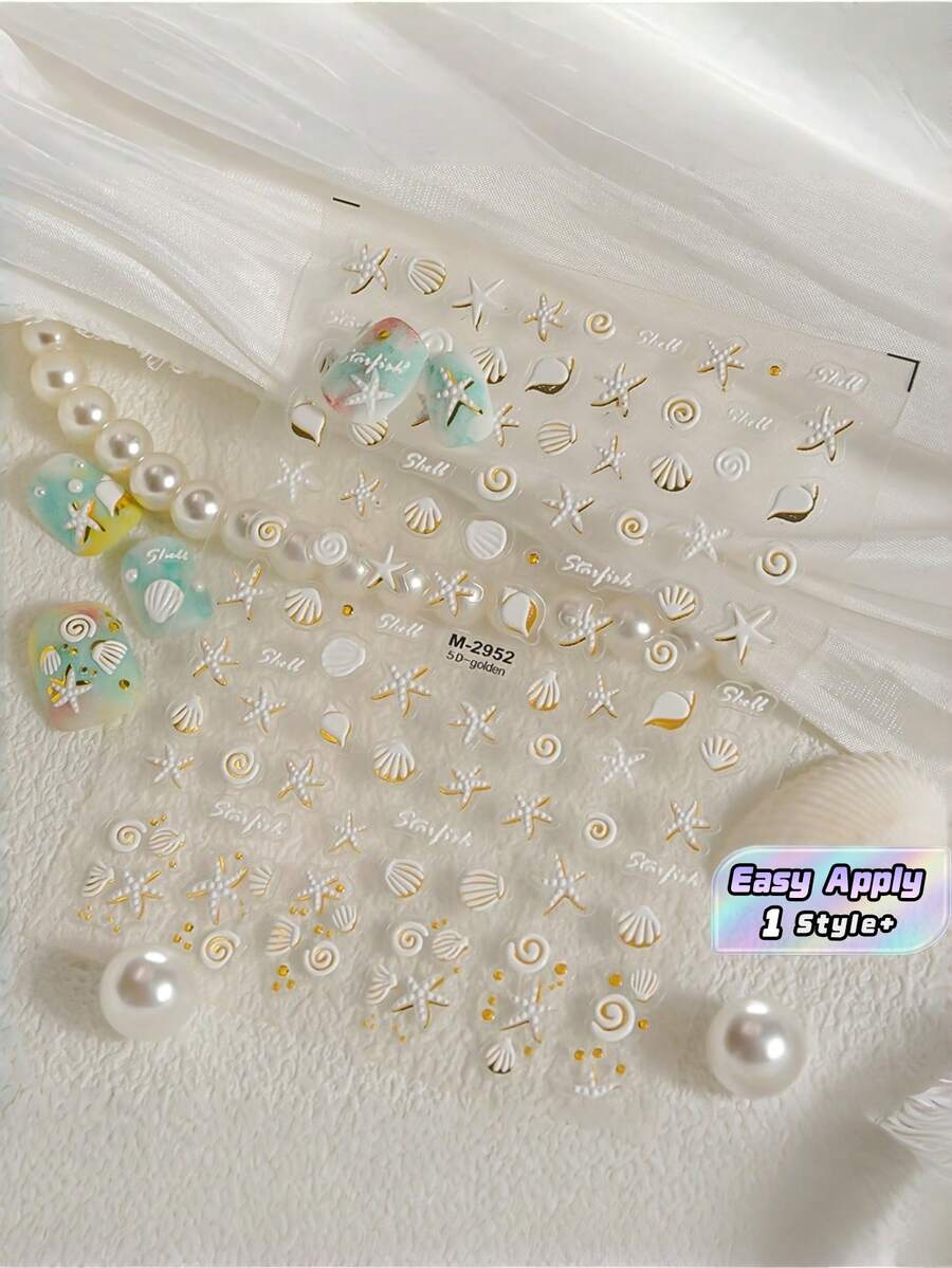 1張5D浮雕海洋美甲貼紙 金色貝殼海星 自黏式 夏日海灘 DIY美甲貼花 適用居家沙龍 穿戴甲必備美妝配件 - 金色 - 查看 1