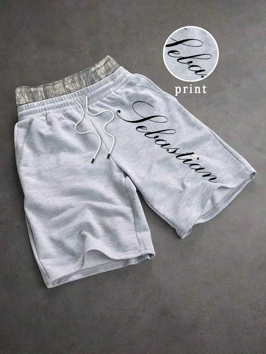 Manfinity EMRG 男士雙腰帶短褲,百搭休閒短褲,字母印花,亞麻灰色,度假風 - 灰色 - 查看 1