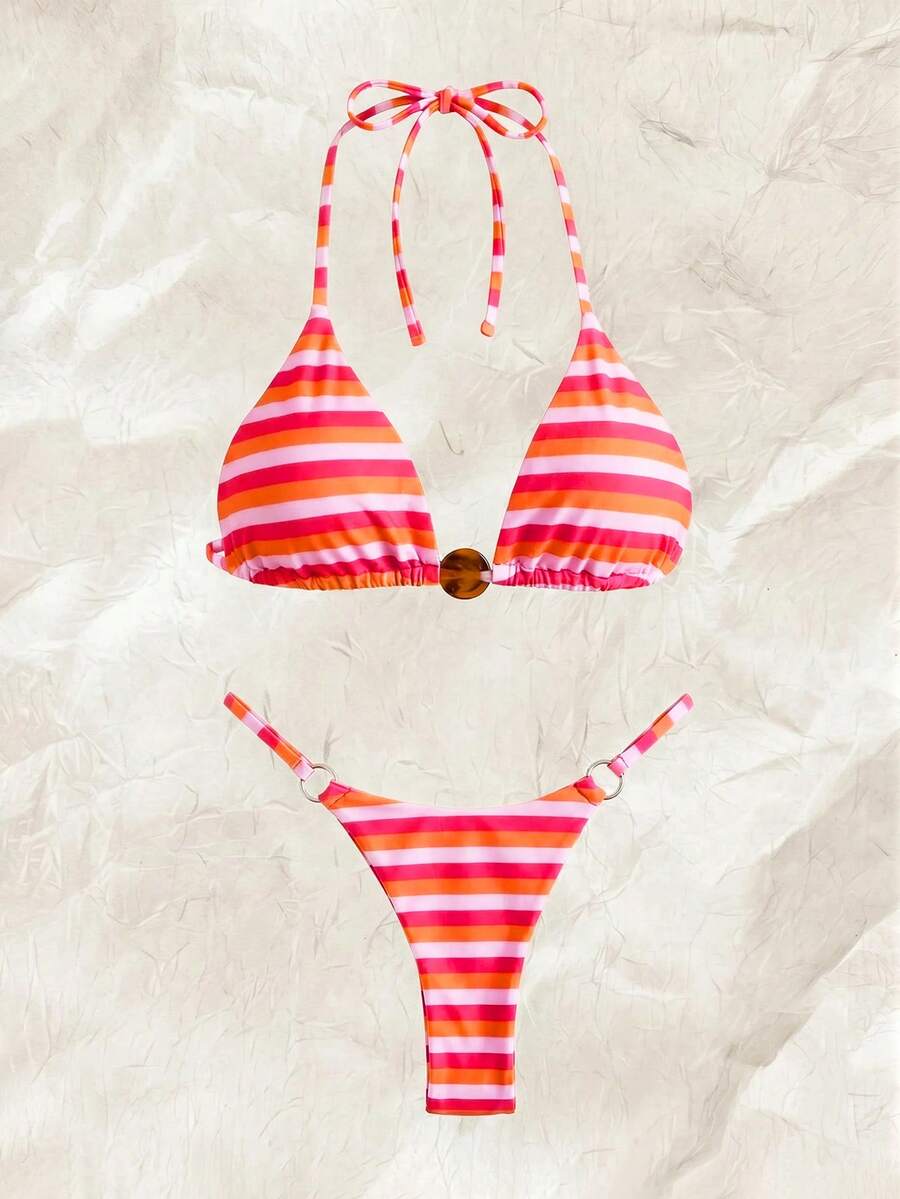 Swim Mod 2026 Spring/Summer Spaghetti Strap Orange & Pink Striped Amber Rhombus Decor Side High-Cut Bikini Two Pieces Swimwear For Women - Multicolor - View 1