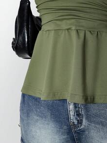SHEIN ICON 大尺碼掛脖深V領收腰A字露背波點背心上衣，復古Y2K波點掛脖背心，娃娃裝波點掛脖露背上衣 - 軍綠色 - 查看 7