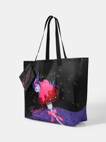 HELLO KITTY AND FRIENDS | SHEIN 1件時尚輕便可折疊印花圖案托特包，購物袋，便攜式單肩包，卡片收納袋，適用旅行與購物等 - 多色-黑紫色 - 查看 5