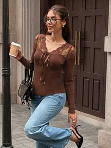 Elyressa Elegant Solid Color Lace Patchwork Tie-Front T-Shirt - Brown - View 7