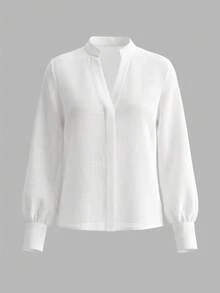 RosyDaze Women's Solid Color Notch V-Neck Long Sleeve Casual Shirt - White - View 3
