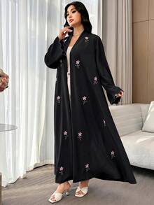 Al Najma Plus Size Women's Floral Embroidered Long Sleeve Elegant Arabic Abaya - Black - View 4