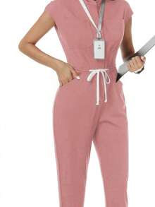 TaskEZ Solid Color Drawstring Waist Scrub Uniform Jumpsuit - Pink - View 8
