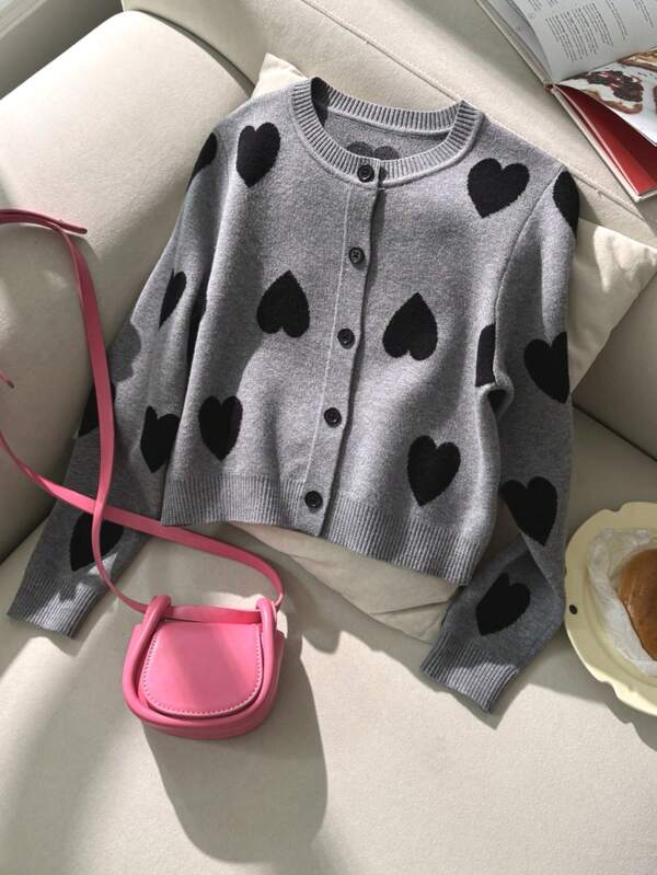 SHEIN Girls' Fashion Heart Knit Cardigan Sweater, Long Sleeve, Autumn/Winter