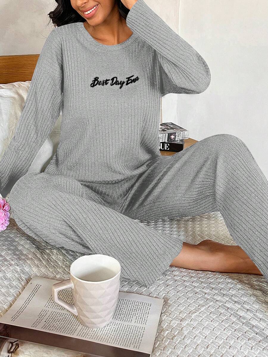 EURMUSE Set homewear con slogan tejido de canalé - Gris - Ver 1