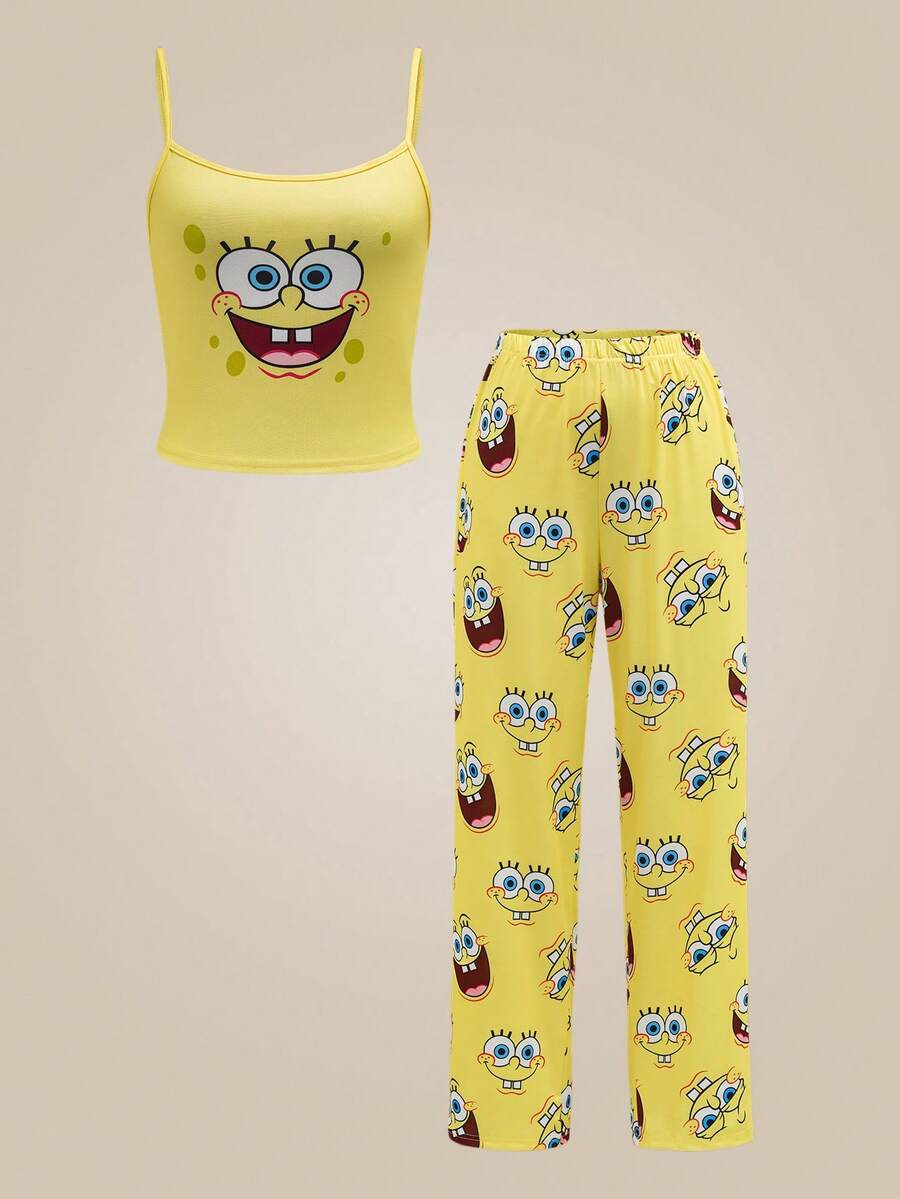 SpongeBob SquarePants | SHEIN 女士卡通图案吊带背心和长裤睡衣套装 - 黃色 - 查看 1