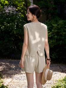 Yumoku Casual Women's Summer Linen Shorts 2 Pieces Set Vacation Beige - Apricot - View 2